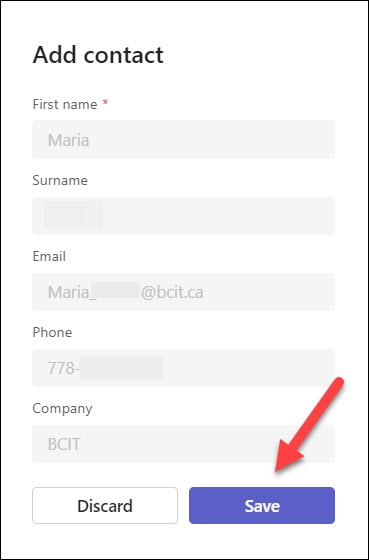 Screenshot MS Teams People icon Adding contact and clicking Save