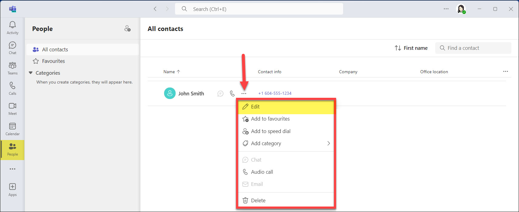 Screenshot MS Teams Phone People app and editing contact