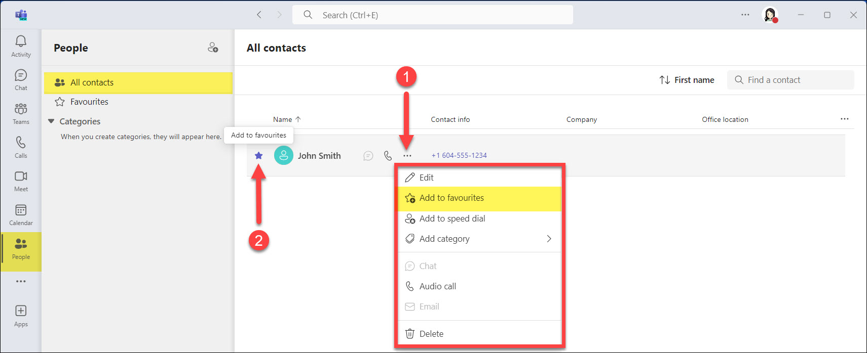 Screenshot MS Teams Phones Add contact to Favourites