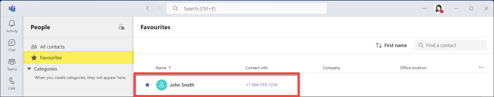 Screenshot MS Teams People app and contact showing up in your Favourites list