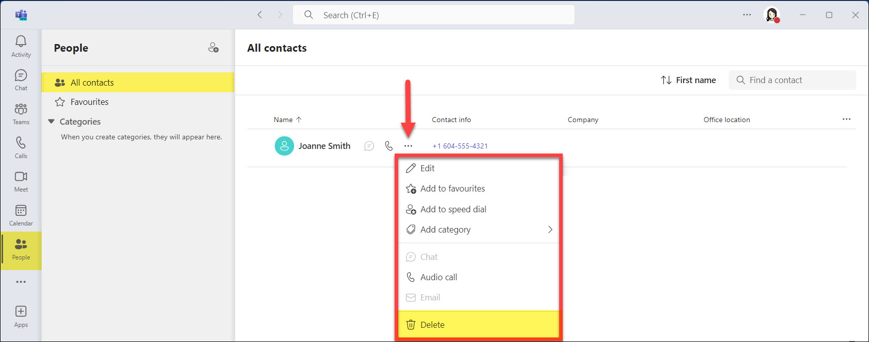 Screenshot MS Teams People app and deleting a contact
