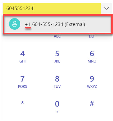 Screenshot MS Teams Phone dialing within Canada and mainland US