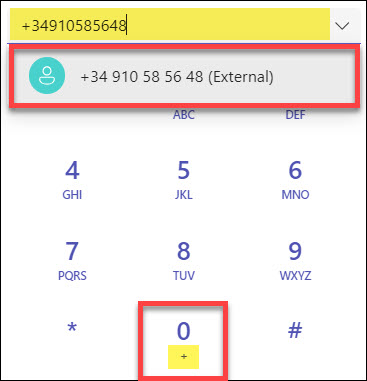 Screenshot MS Teams Phone dialing International numbers