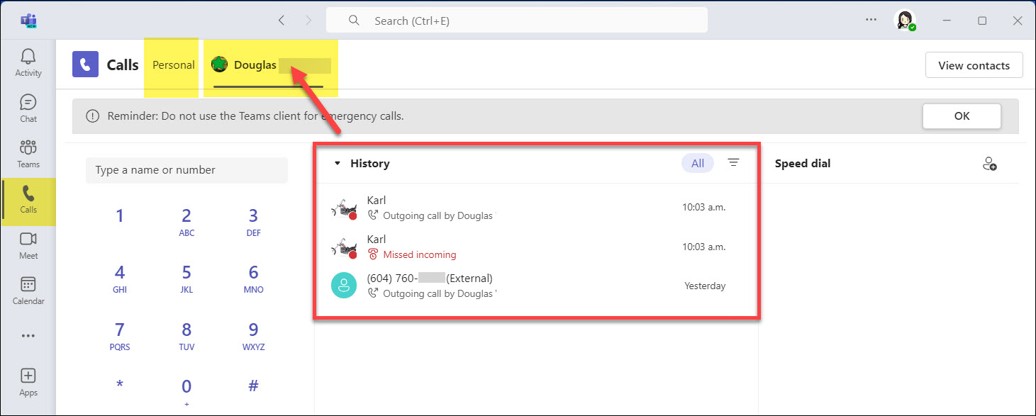 Screenshot MS Teams Phone clicking on your delegator in Calls menu