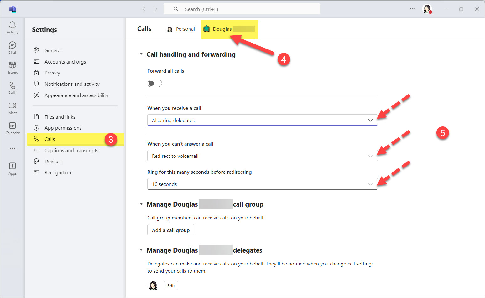 Screenshot MS Teams Phone Changing Call handling and forwarding as a delegate