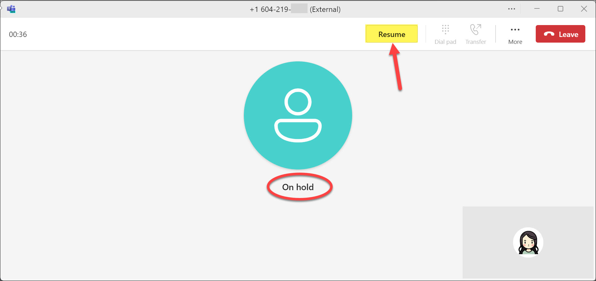 Screenshot MS Teams Phone Click Resume button after putting a caller on hold