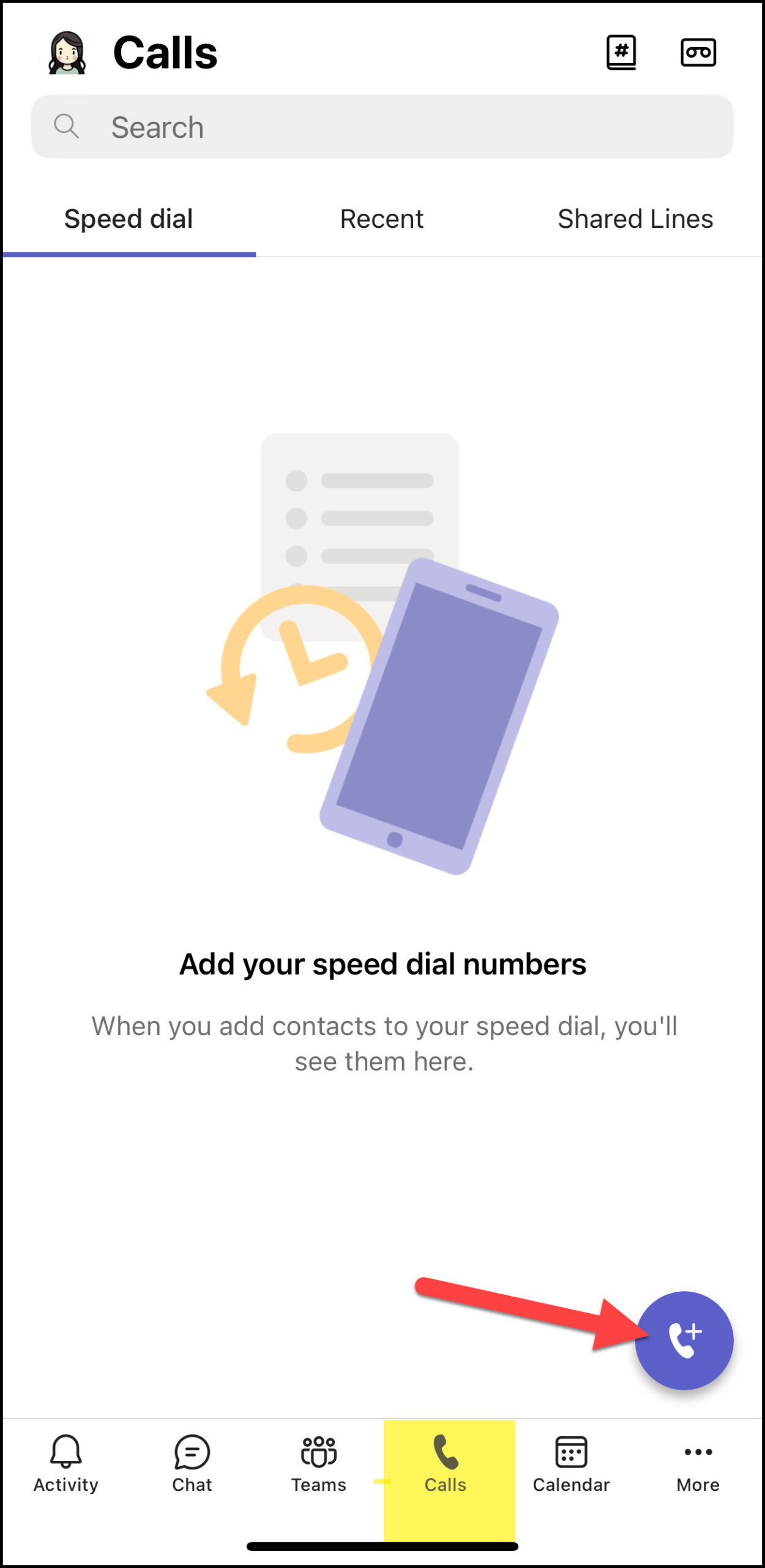 Screenshot MS Teams Phone Mobile App click on Calls icon and then Phone+