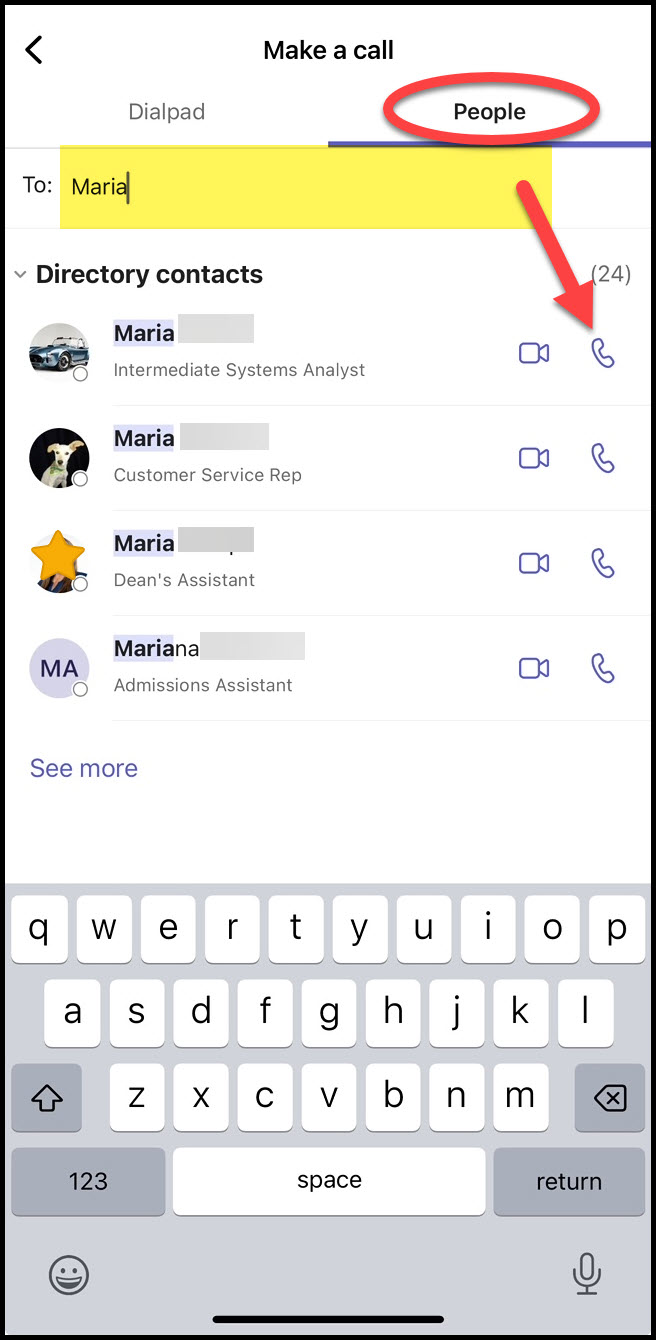 Screenshot MS Teams Phone Mobile App making a call by selecting a contact