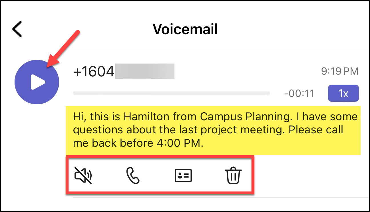 Screenshot MS Teams Phone Mobile App viewing your voicemail and the transcript and recording