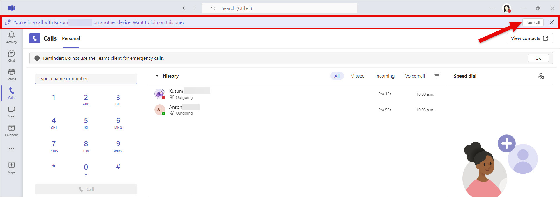 Screenshot MS Teams Phone transfer call to computer Join call