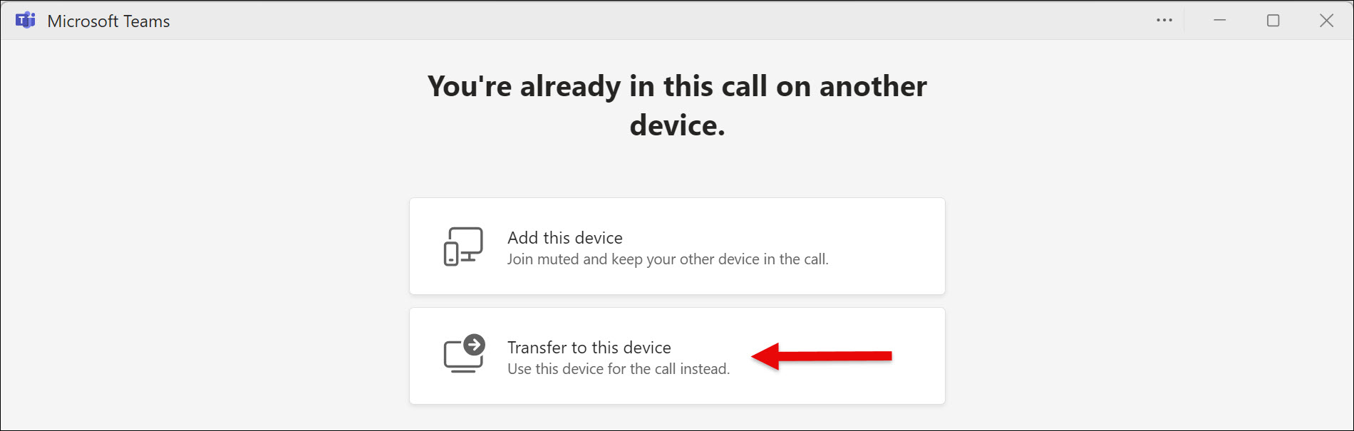 Screenshot MS Teams Phone transfer call to computer and hit Transfer to this device