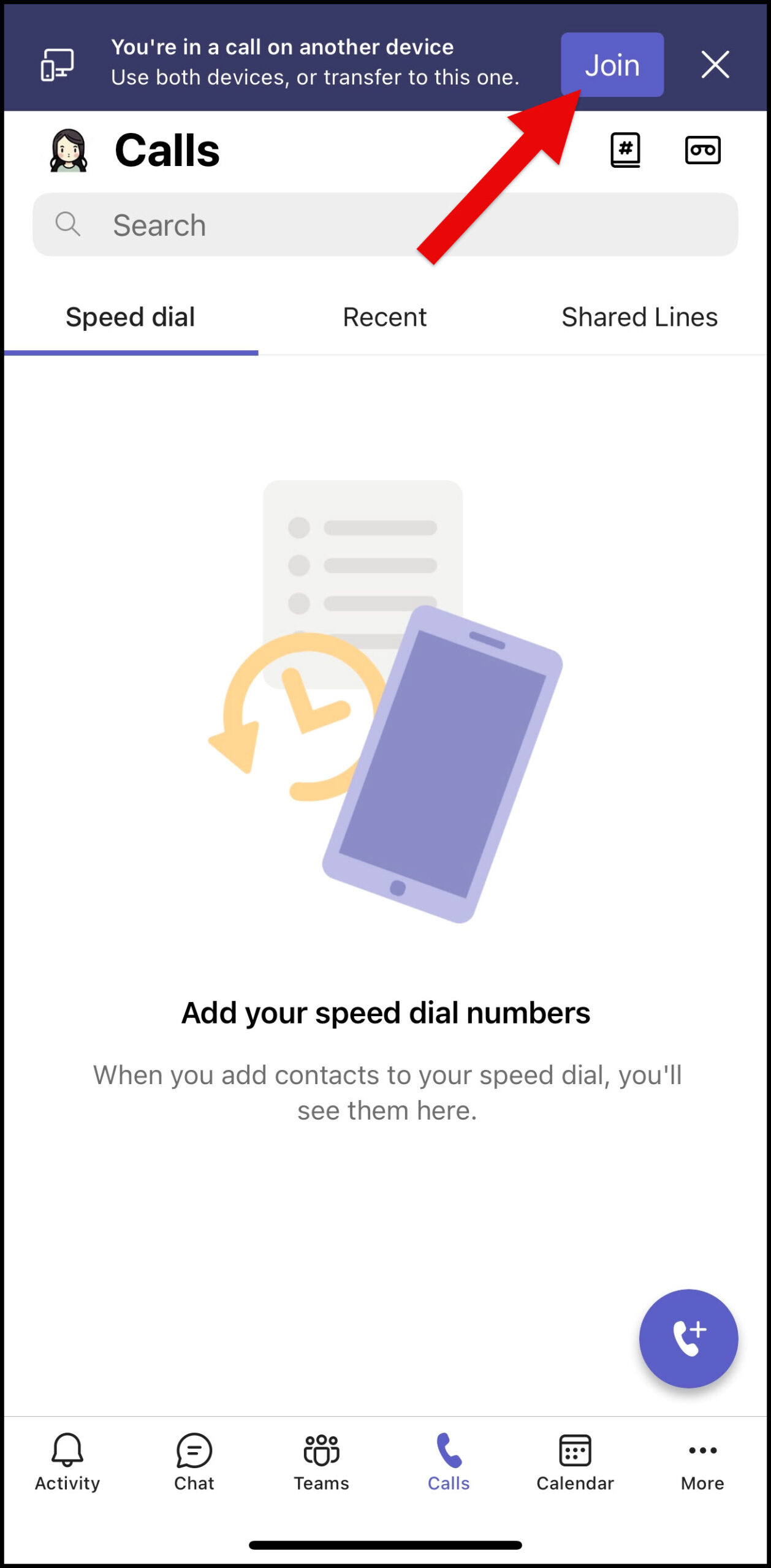 Screenshot MS Teams Phone transfer call to your mobile device and clicking Join
