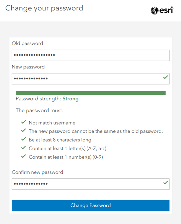 Change your password screen showing password requirements (can't match username, not same as previous, at least 8 characters, 1 letter, 1 number)