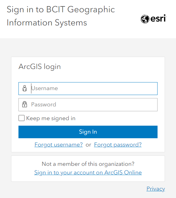 Sign in to BCIT Geographic Information Systems screen