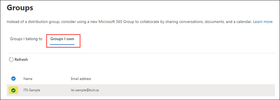 Screenshot Outlook in Groups where you click on Groups I own