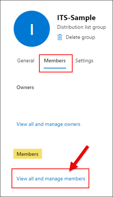 Screenshot Outlook click on Members tab and then select View all and manage members