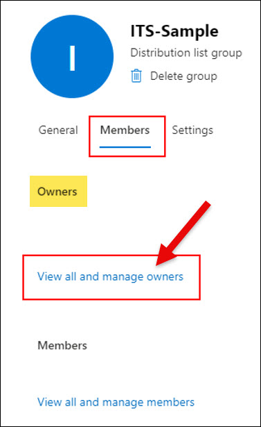 Screenshot Outlook Click Members tab and then select View all and manage owners