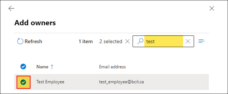 Screenshot Outlook typing name or email in Search box and selecting box left to the name