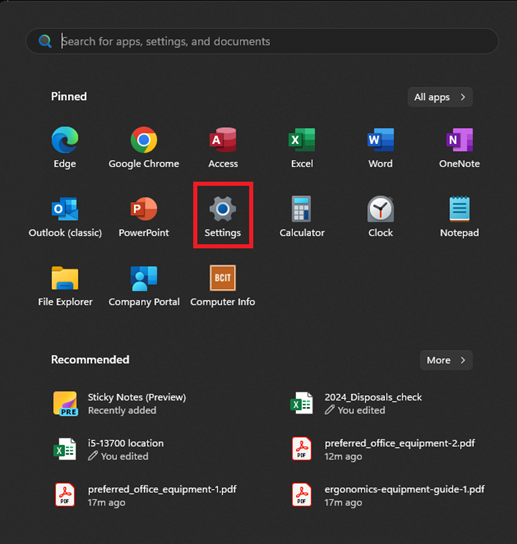 Settings icon in Start Menu