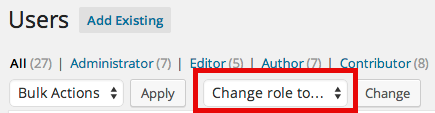 Users list filters showing change role to dropdown marked in red