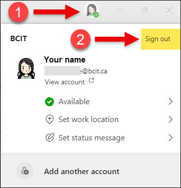 Screenshot MS Teams on how to click on profile picture and then sign out