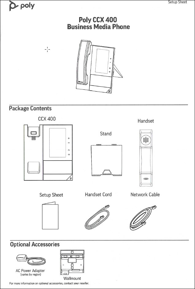 Picture of Poly CCX 400 phone pamphlet lsiting hardware included