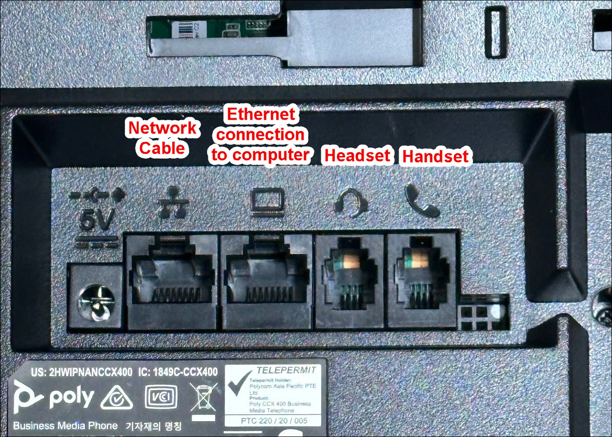 Screenshot of cable connections at the back of Poly CCX 400 phone