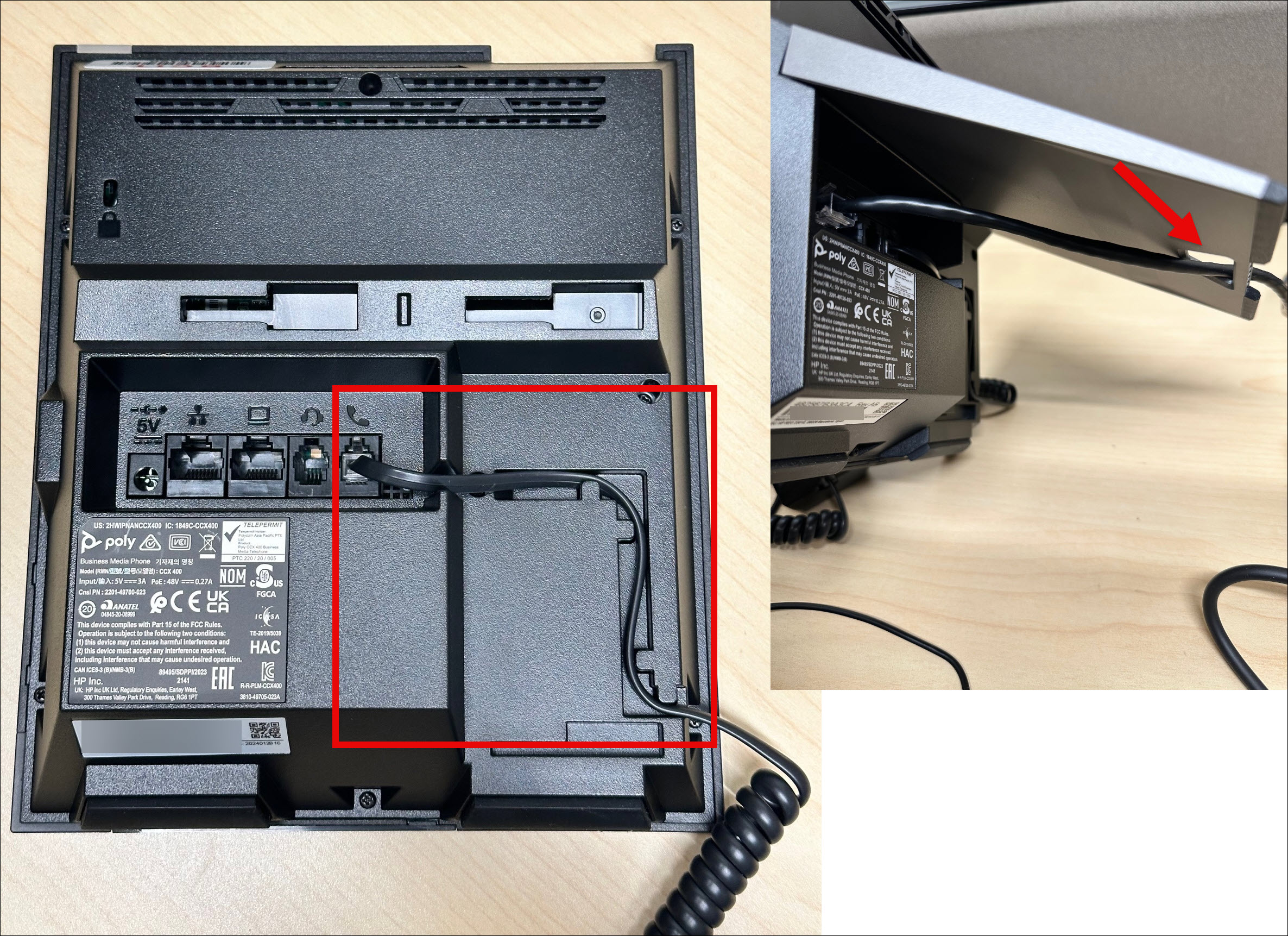 Picture of handset cord at the back of Poly CCX 400 phone