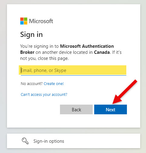 Screenshot Signing into to Microsoft Authentication Broker with email