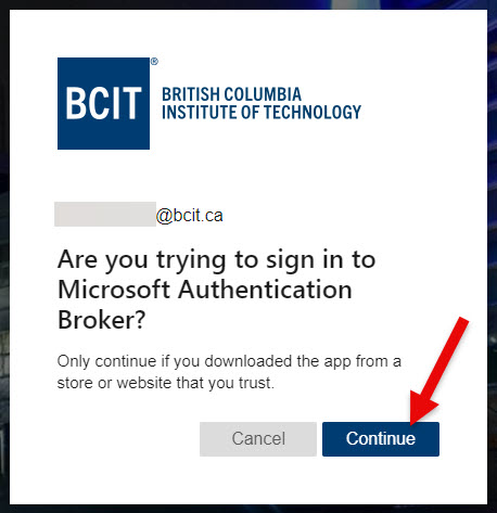 Screenshot Click Continue button to confirm signing into Microsoft Authentication Broker