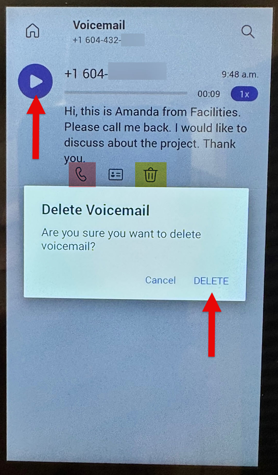 Picture of Poly CCX 400 phone screen when reviewing voicemail and deleting message