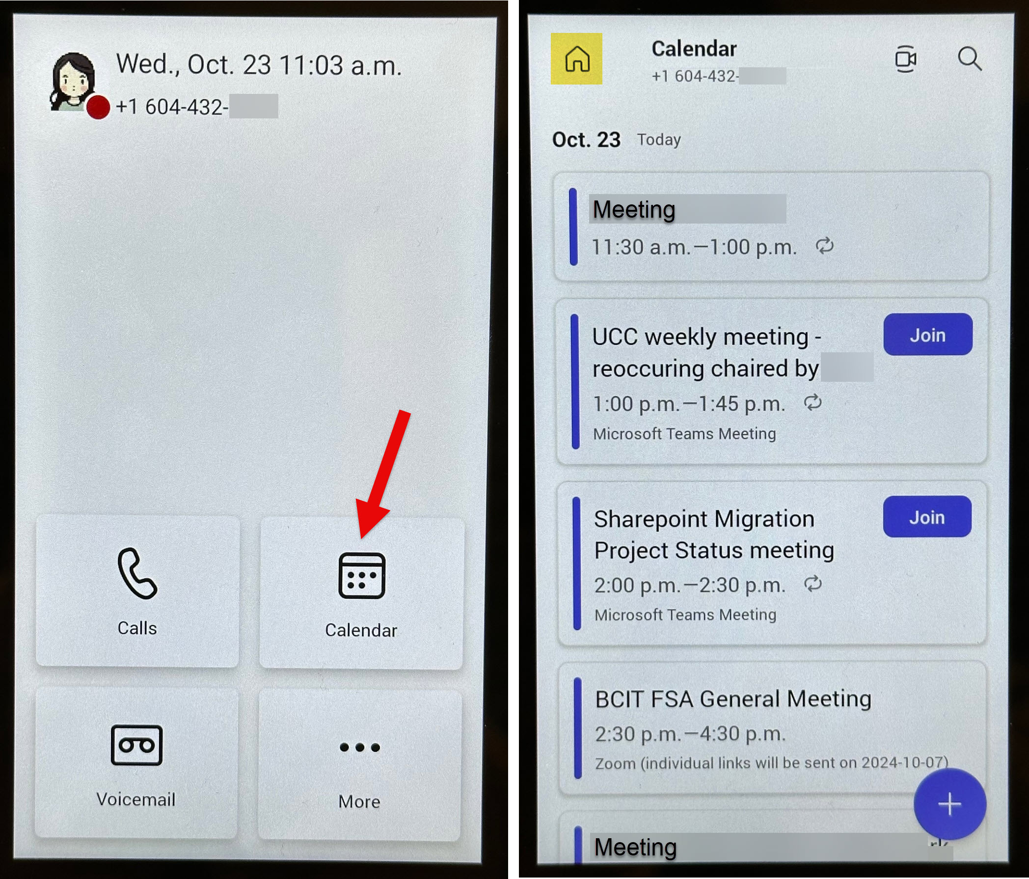 Picture of Poly CCX 400 phone screen to Calendar and reviewing meetings