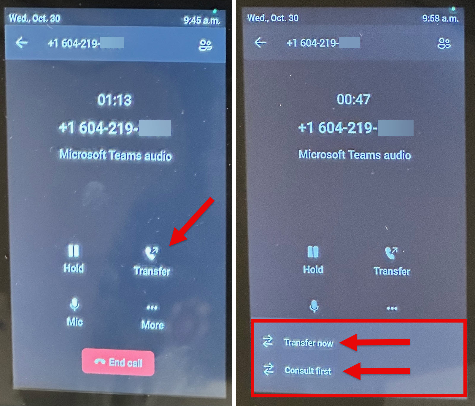 Pictures of how to transfer a call on the Poly CCX 400 phone