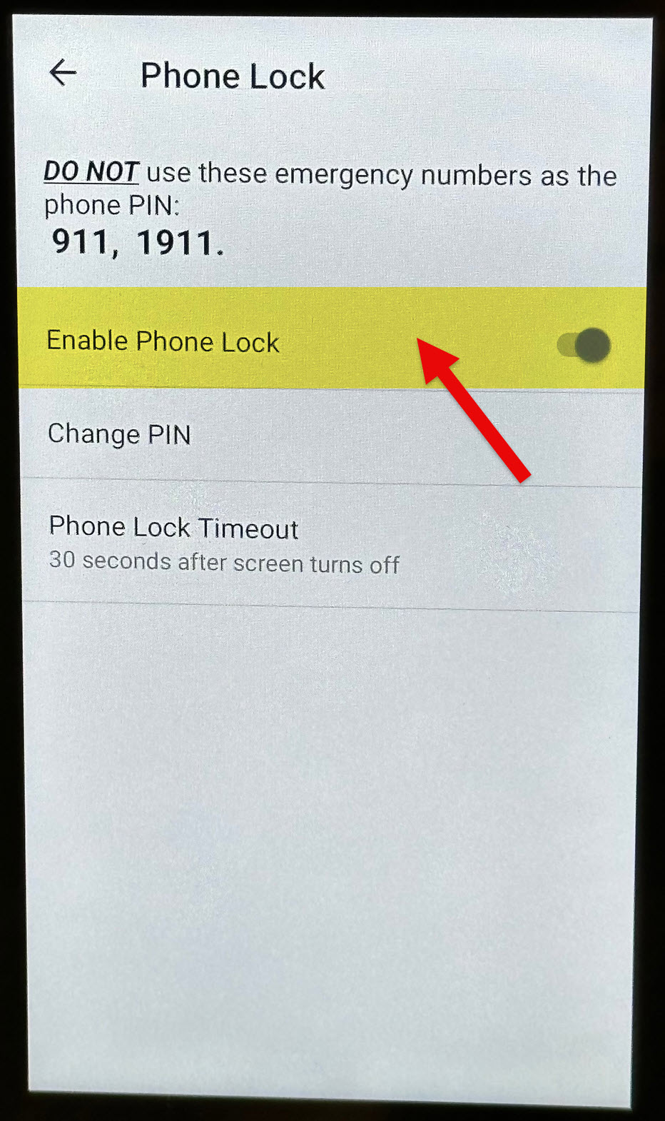 Picture of tapping on Enable Phone Lock on Poly CCX 400 Phone