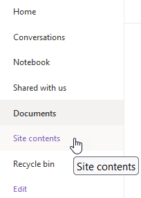 sharepoint teams site menu showing site contents option