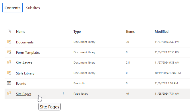 list of folders in site contents showing site pages at the bottom