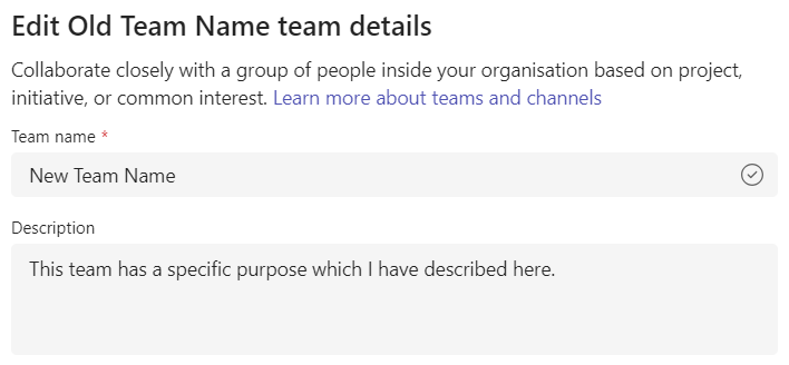 Edit team details name and description