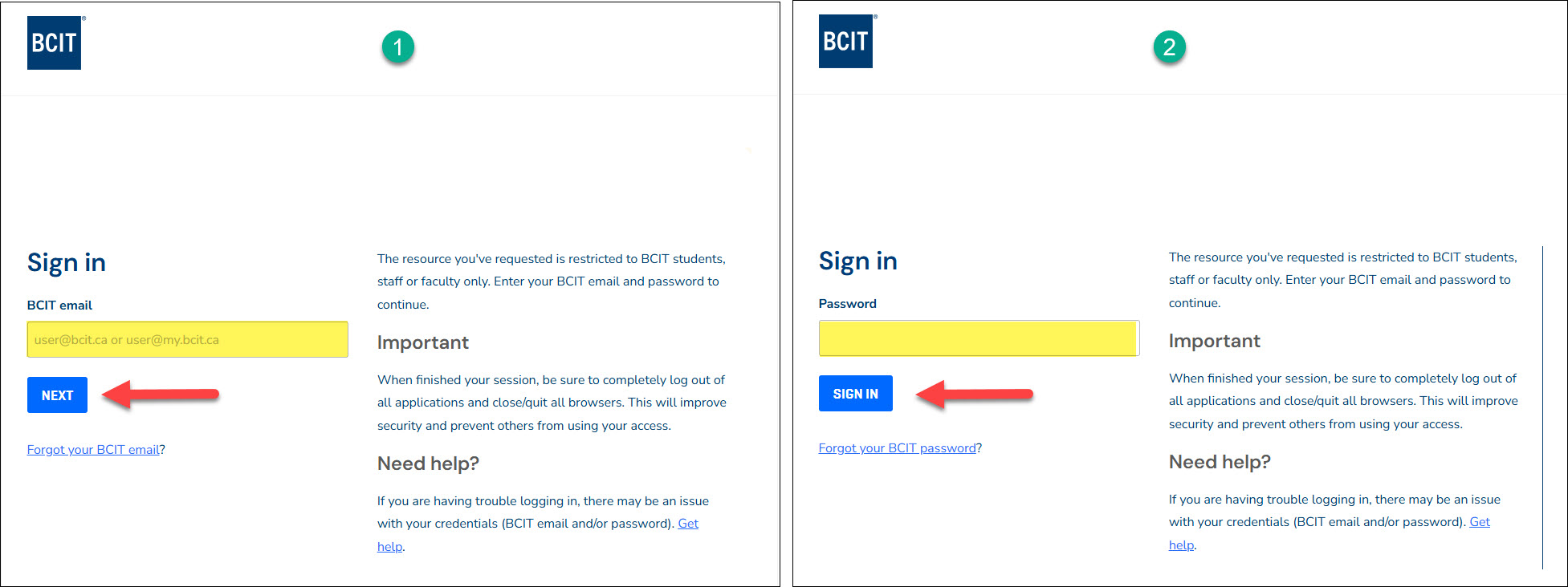 Screenshots of login process for Former Employees and Externals