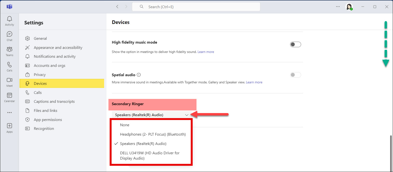 Screenshot MS Teams App selecting Devices and choosing Secondary Ringer