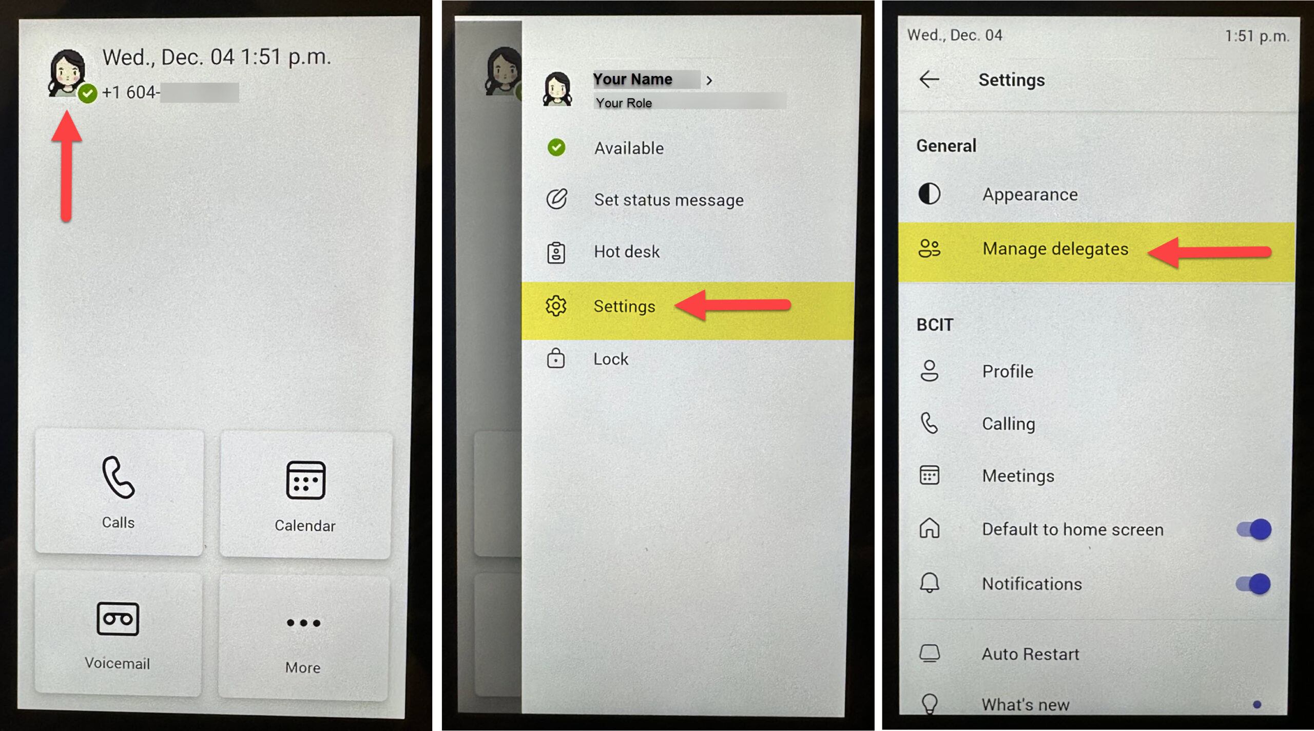 Screenshot Poly CCX 400 Phone select Settings and then Manage Delegates