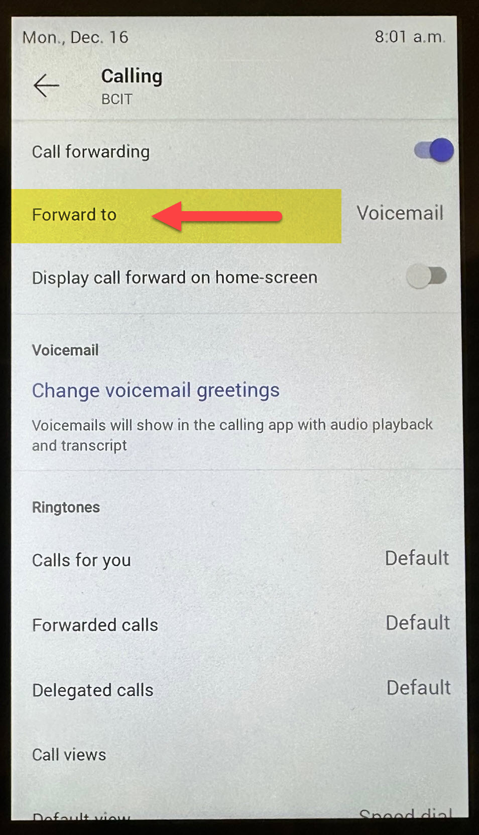 Picture of Poly CCX 400 Phone Settings and selecting Forward To in call forwarding