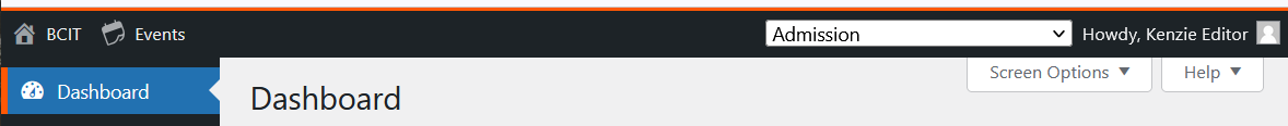 WordPress dashboard showing section selector with Admission chosen in the black menu bar across the top