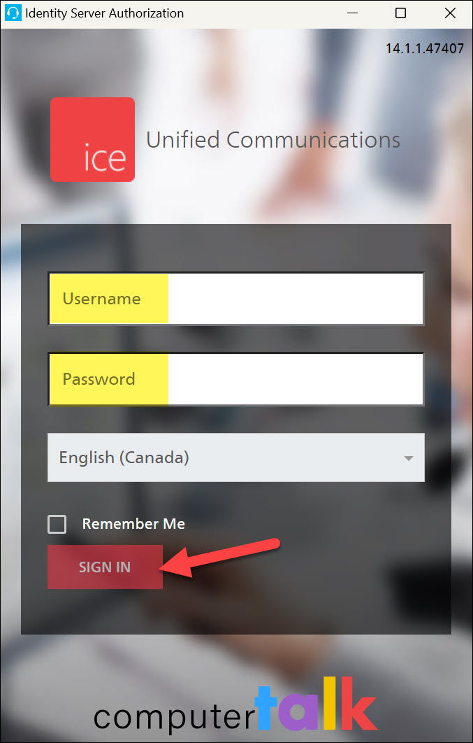 Screenshot of Signing in to iceBar application with Username and Password