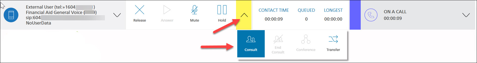 Screenshot iceBar Toolbar While on call then click drop down and then Consult button