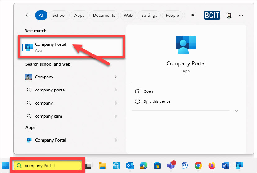 Screenshot Windows taskbar and searching for Company Portal