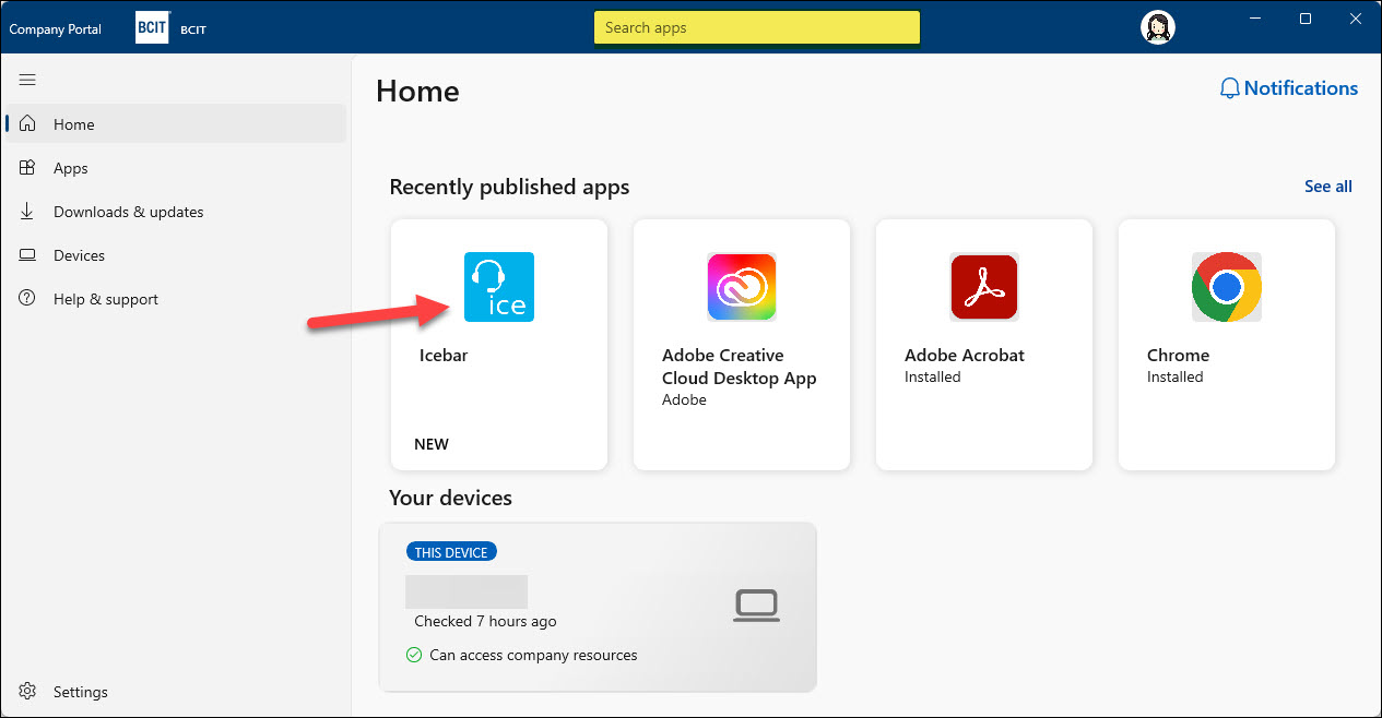 Screenshot locating the iceBar app on Company Portal