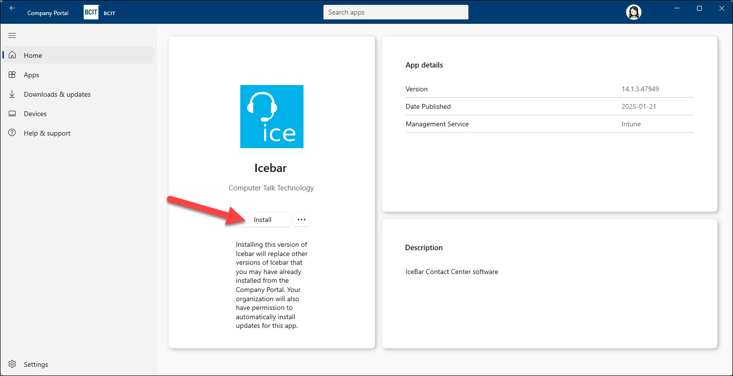 Screenshot Installing iceBar app from Company Portal