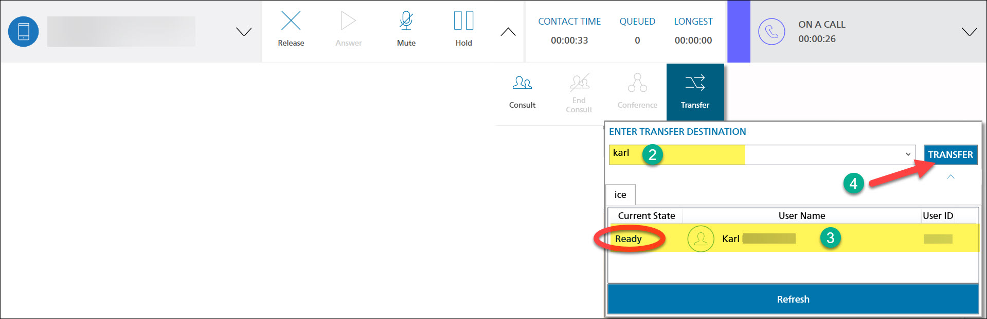 Screenshot iceBar transferring and searching for agent by typing their name.