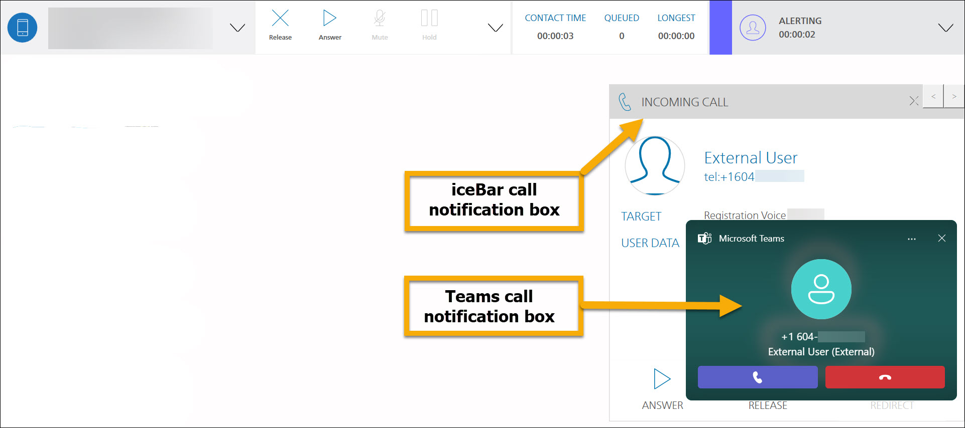 Screenshot iceBar when call comes in and you see two notification boxes from iceBar and Teams