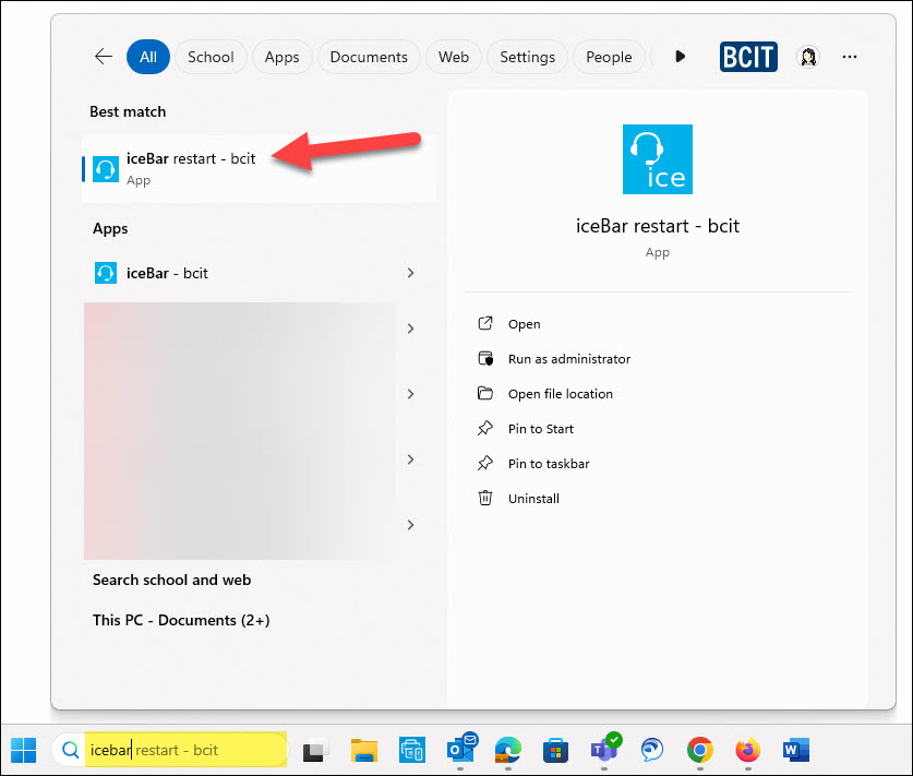 iceBar searching windows search box for the iceBar Restart